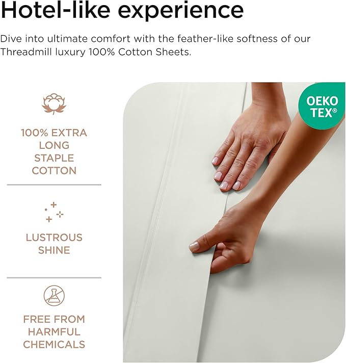 Threadmill 100% Cotton Sheets for Twin Size Bed - 600 Thread Count Twin Bed Sheets Set with 15” Deep Pocket - Sateen Weave 3-Piece Bedding Set with Cooling Effect, Light Grey