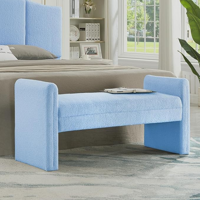 24KF Modern Upholstered Bed Bench Covered with Soft Boucle Teddy Fabric, Lovely Entryway Bench Ottoman with Armrest, 5062-Light Blue