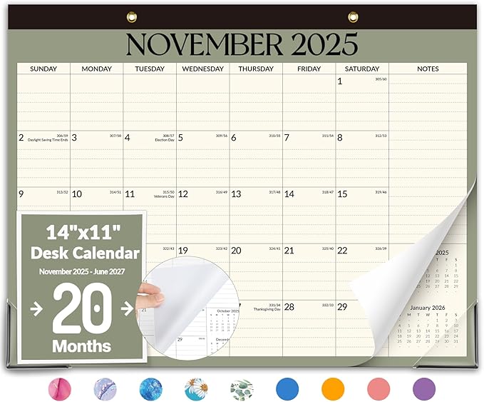 Forvencer Desk Calendar 2026, 20 Months Calendar, Nov. 2025-Jun. 2027, 14" x 11" Wall Calendar 2026 Monthly Planner with Plastic Cover & Stickers & Thick Paper for Office Home School Supplies