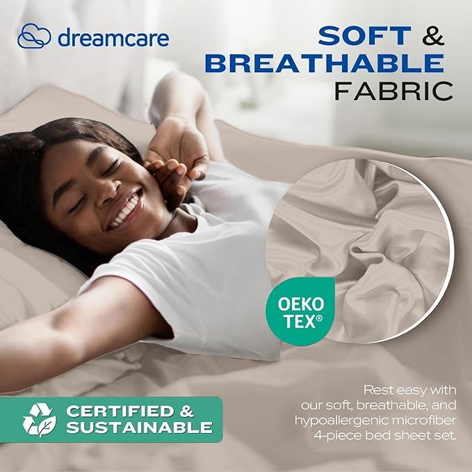 DREAMCARE Full Size Sheets Set - 4 Pcs Cooling Bed Sheets with Up to 15" Deep Pockets - Soft, Long-Lasting 100% Brushed Polyester with Side Pocket (Beige) DREAMCARE