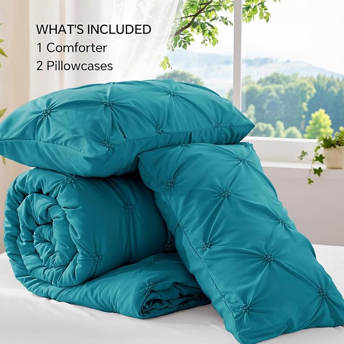 BEDELITE Teal Queen Comforter Set - 3 Pieces Boho Pintuck Bedding Comforter Sets, Lightweight Soft & Warm Bed Comforter Queen with 2 Pillowcases for All Season