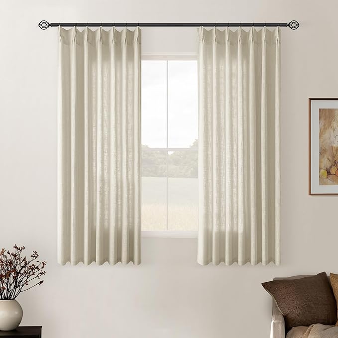 Linen Pinch Pleated Linen Curtains 2 Panels for Living Room Bedroom Memory Training Shaped Semi Sheer Pleat Drapes with Hooks Rings Light Filtering Window Curtain 40x45
