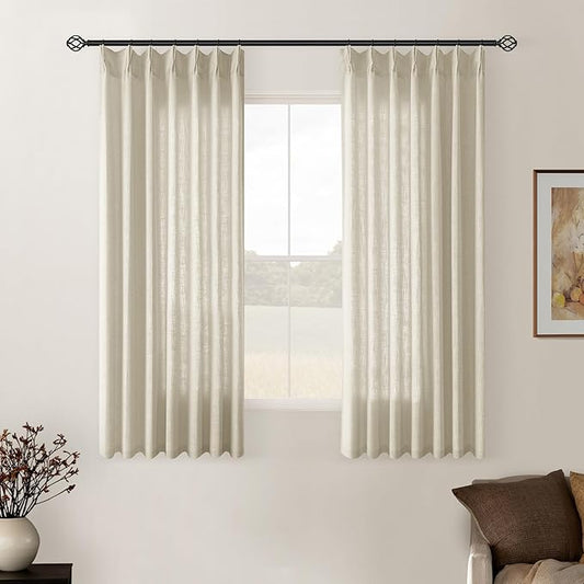 Linen Pinch Pleated Linen Curtains 2 Panels for Living Room Bedroom Memory Training Shaped Semi Sheer Pleat Drapes with Hooks Rings Light Filtering Window Curtain 40x45