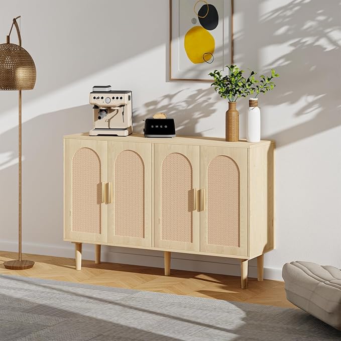 FONTOI Sideboard Cabinet with Rattan Doors, 4 Door Credenza Buffet Cabinet with Storage, Modern Large Kitchen Accent Cabinets for Entryway Living Room & Dining Room, Natural