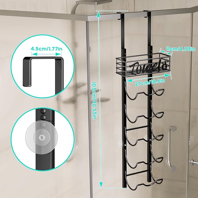 HapiRm Over The Door Towel Rack - 6 Tier Wall Mount Rolled Towel Holder Storage Organizer Shelf with Storage Basket for Small Bathroom, Rv, Camper - Black