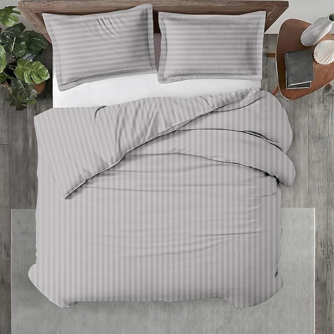 Kotton Culture 3 Pc King Size Duvet Cover Set- 100% Egyptian Cotton Sateen 600 Thread Count Ultra Soft Premium Durable Comforter Cover Zipper Closure & Corner Ties (Striped Silver, King 102"x94")