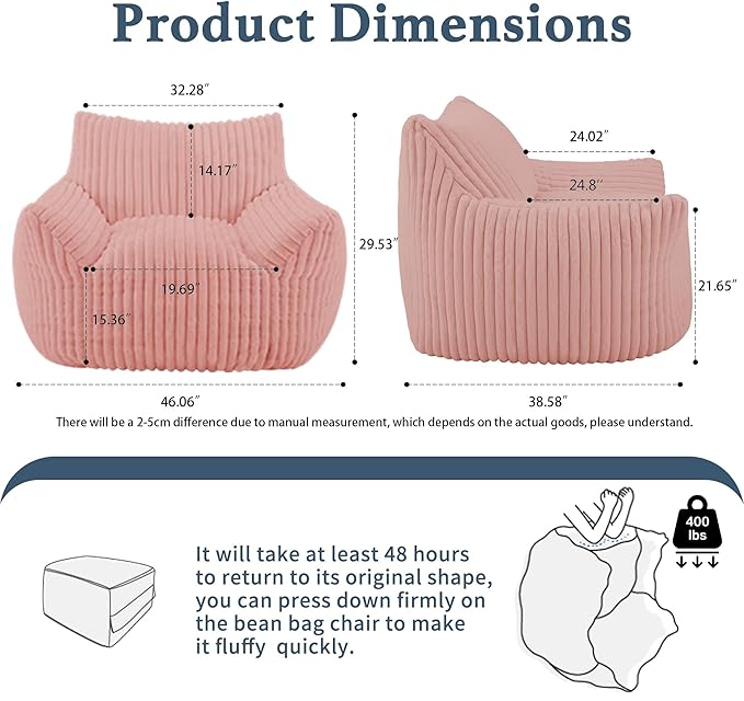 Giant Plush Bean Bag Chair for Adults with Armrests - Oversized Comfy Pink Beanbag Lounge Lazy Floor Sofa Accent Chair for Living Room, Bedroom & Dorm, Cozy Fluffy Single Cloud Mini Couch