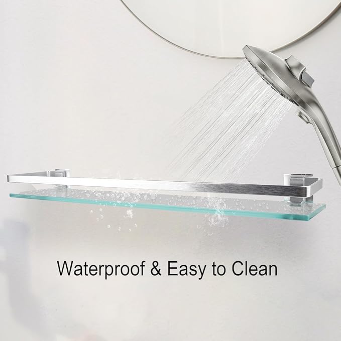 Bathroom Shelf Glass Shelves 23-Inch Floating Tempered Glass Shelf Rectangular Aluminum Wall Mounted Silver Polished Shelves for Kitchen Organizers