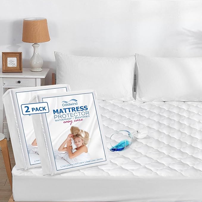 2 Pack Twin Mattress Pad Waterproof Mattress Protector, Quilted Twin Size Mattress Cover Fitted for Kids, Deep Pocket Mattress Protector Up to 14 inches, White (Cover Only)