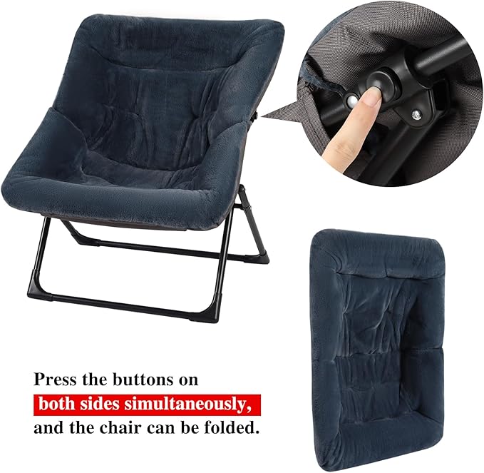 Comfy Saucer Chair for Adults, Soft Faux Fur Bedroom Chair, Accent Dorm Chairs, Flexible Living Room Reading Chairs, Oversized Folding Lounge Seat for Teens, X-Large, Navy Blue