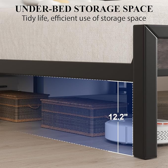 Queen Size Bed Frame with Storage Headboard and LED Lights, Industrial Platform Bed with Charging Station, Heavy Duty Metal Slats, No Box Spring Need, Noise Freee, Grey