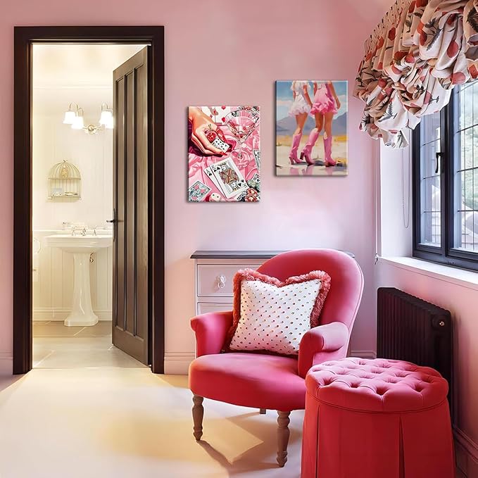 Framed Pink Preppy Wall Art Set of 3, Cowgirl Boots Cherry Cocktail Pictures Wall Decor, Trendy Poker Paintings Canvas Prints Girly Aesthetic Home Decor for Living Room Bedroom Dorm Bar 12x16 inch