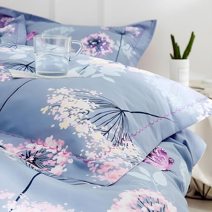 MKXI Purple Floral Comforter Set Dandelion Print Comforter Queen Set Cozy Patterned Comforter Reversible Flowers Bedding Set Queen Size