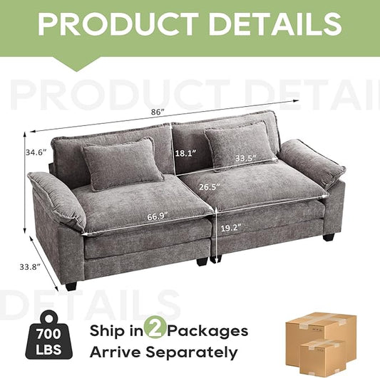 86" Modular Sectional Sofa, Comfy Cloud Couch Sectional Sofa with Ottoman, Chenille Sofa Sleeper Deep Seat Sofa with Throw Pillows for Living Room (Light Gray, 86"- Loveseat)