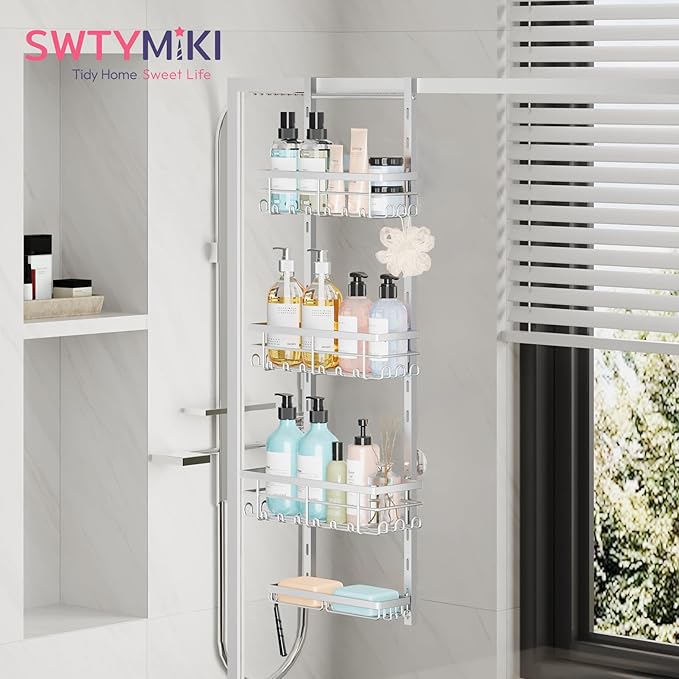 SWTYMIKI Over The Door Shower Caddy - 4 Tier Rustproof Hanging Shower Organizer with Adjustable Shelves, 40 Hooks & Soap Holder, Hanging Shower Rack Storage for Bathroom Accessories, Silver