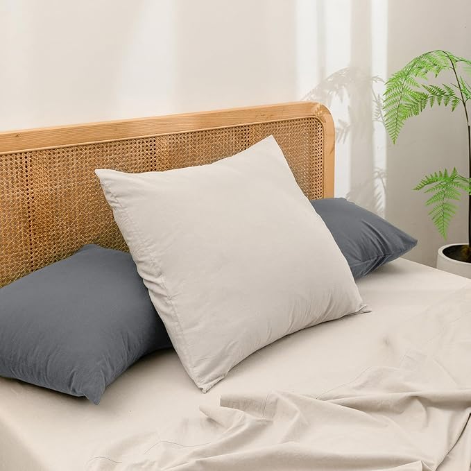 BESTOUCH 100% Washed Cotton Pillowcase for Hair and Skin Linen Feel Soft Comfortable Breathable 2 Set Pillow Case with Envelope Closure Solid Quiet Shade Grey King 20x36 Inches