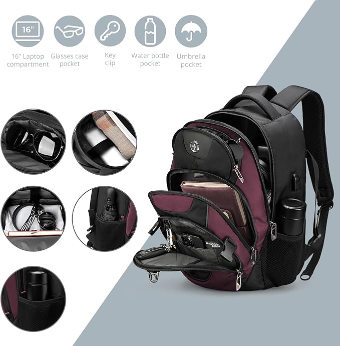 Swissdigital Design Laptop Backpack with USB Charging Port, Travel Backpack Fits 15.6 inches Computer, 31L College School Backpack for Women, Burgundy/Black | SD803-44