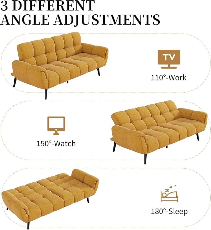 Futon Sofa Bed, Convertible 77" Modern Linen Futon Couch, Comfy Sleeper Sofa with Adjustable Backrests, Couch Bed for Small Spaces, Living Room, Bedroom, Apartment, Golden Yellow