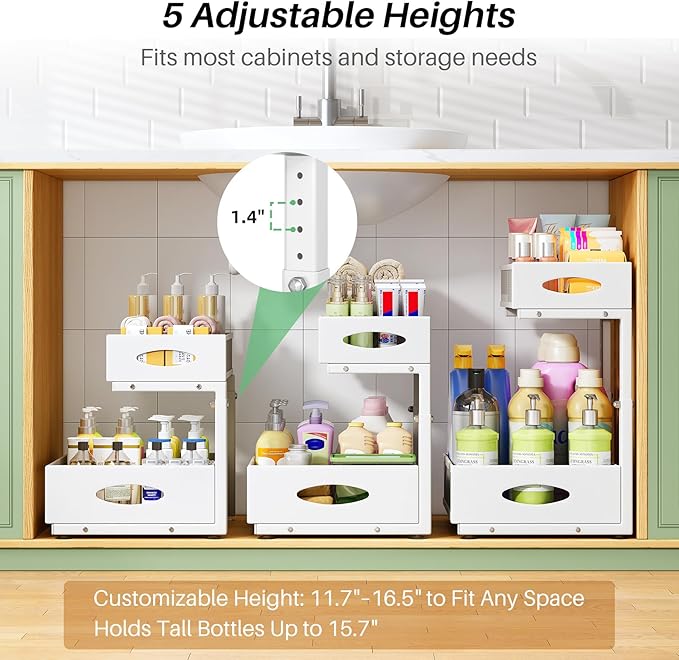 Under Sink Organizer, 2-Pack Pull Out Cabinet Organizer 2 Tier Metal Slide Out Storage Shelf Rack, L-Shaped Adjustable Height,Mesh Sliding Drawer for Kitchen, Bathroom, Laundry, Pantry, White, XL