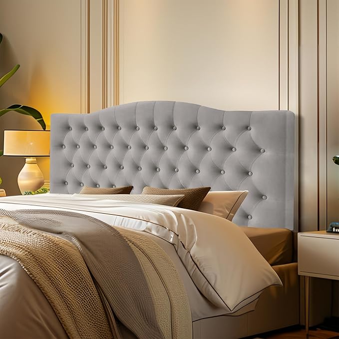 Velvet Upholstered Headboard Queen/Full Size Latest Model Wall Mount, Bed Frame Mount, Featuring High-Density Sponge Padding, Luxury Texture Easy Assembly Comfort and Style-Light Gray
