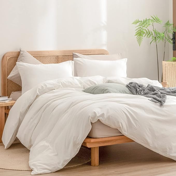BESTOUCH Duvet Cover Set 100% Washed Cotton Linen Feel Super Soft Comfortable Chic Lightweight 3 PCs Home Bedding Set Solid Off White Super Queen