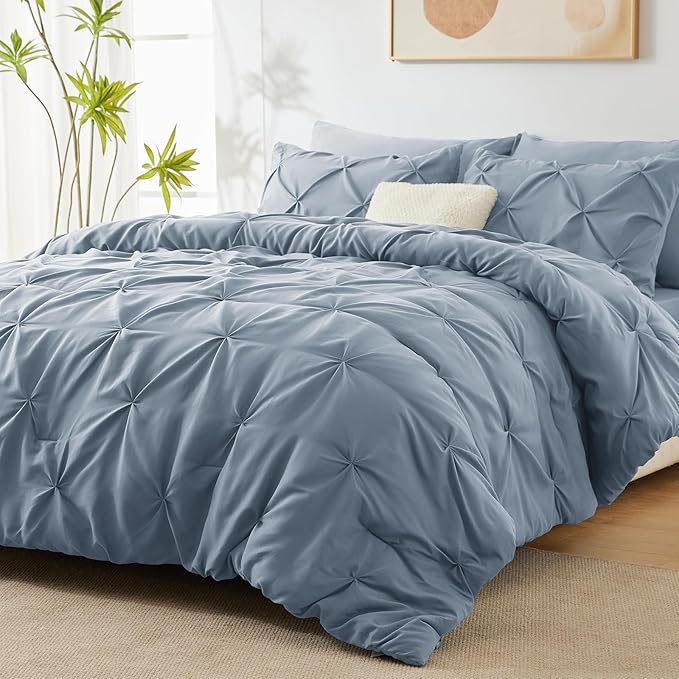 CozyLux Queen Comforter Set Grayish Blue, 7 Pieces Pintuck Bed in A Bag, Premium Blue Comforter Queen Size, Pinch Pleat Bedding Sets with Comforter, Sheets, Pillowcases & Shams
