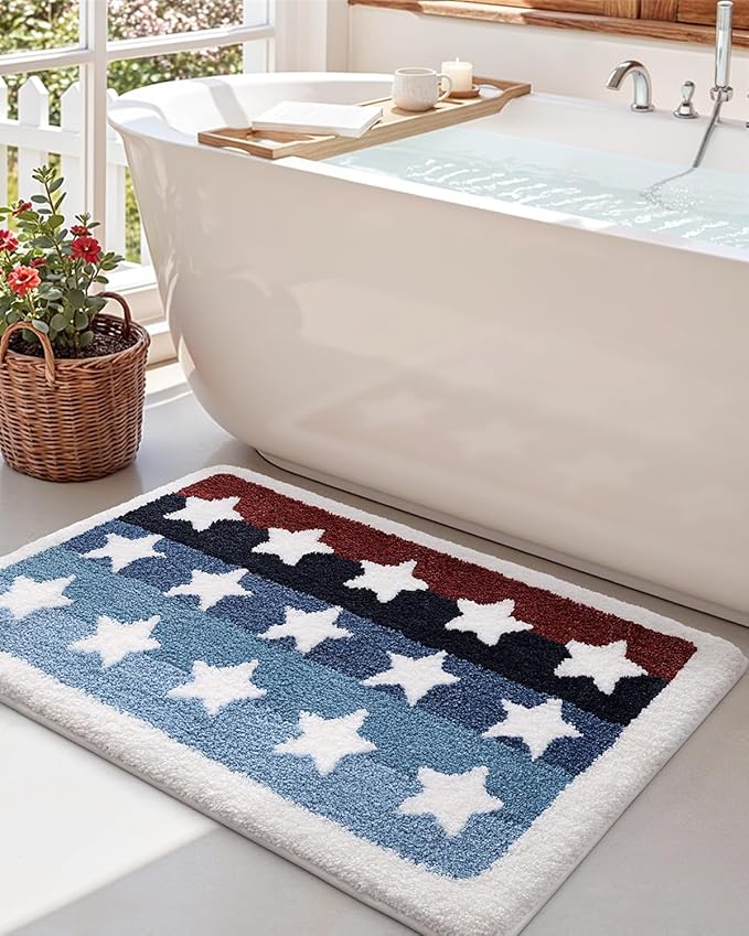 DEXI Rustic Star Bathroom Rug, 24x36 Non Slip Washable Bath Mat Absorbent, Ultra Soft Plush Microfiber Bathmat Quick Dry for Shower Floor, Tub, Sink, Colorful Stripes