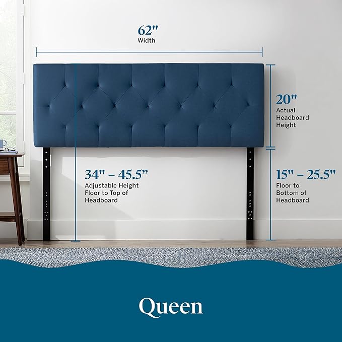 Lucid Mid-Rise Upholstered Headboard - Diamond Tufted - Padded Polyester - Adjustable Height from 34” to 46” - Easy Assembly - Bed Frame or Wall Mount - Sturdy - Cobalt - Queen Size