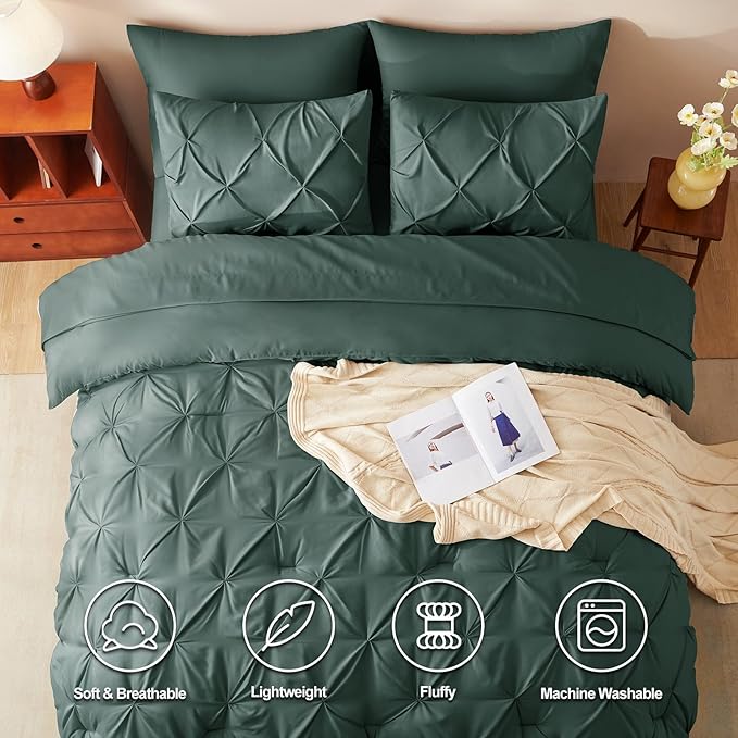 CozyLux Full Size Comforter Sets Forest Green, 7 Pieces Bed in A Bag Green Comforter Full Size, Pinch Pleat Bedding Sets with All Season Comforter, Sheets, Pillowcases & Shams