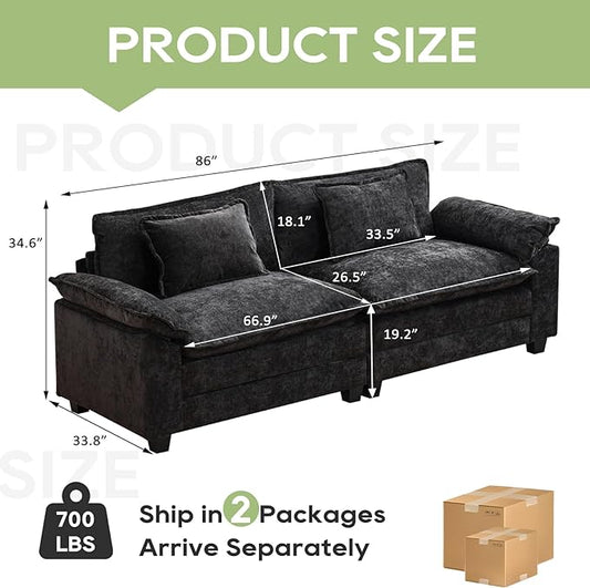86" Modular Sectional Sofa, Comfy Cloud Couch Sectional Sofa with Ottoman, Chenille Sofa Sleeper Deep Seat Sofa with Throw Pillows for Living Room (Black, 86"- Loveseat)