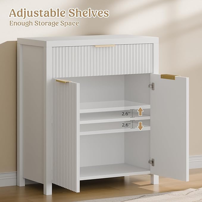 Lulive White Fluted Storage Cabinet with Drawers Buffet Sideboard Cabinet with Adjustable Shelves for Kitchen Living Room, Kitchen, Entryway