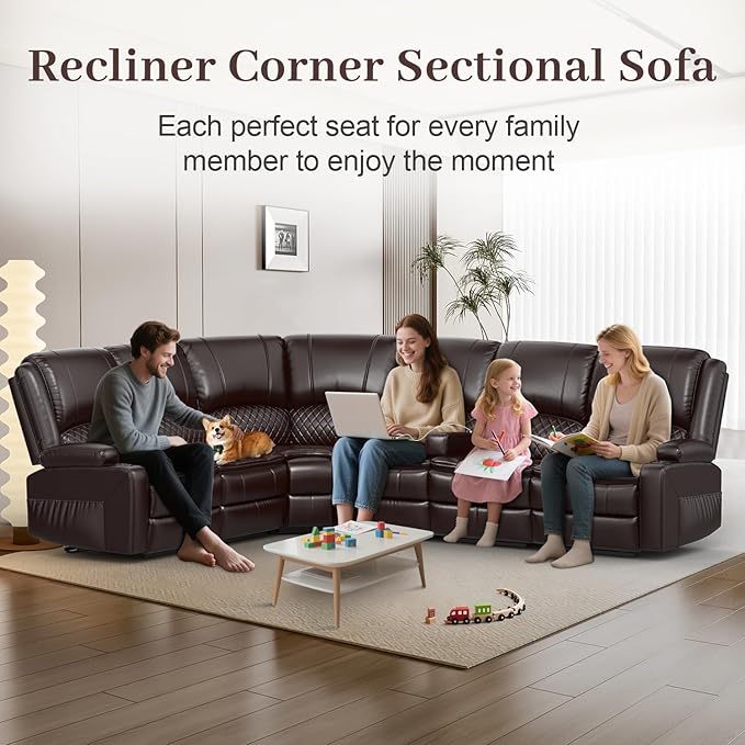 Manual Reclining Sectional Sofa Set, 6 Seats Soft Leather Recliner Corner Sectional Couch, Family-Sized L-Shaped Recliner Couch with USB Charging, Thickened Padding, Sturdy Frame, Brown