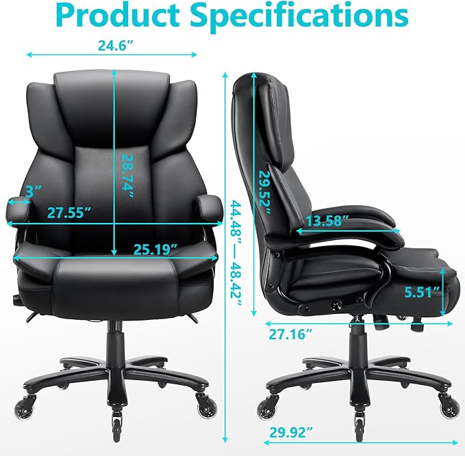 500lbs Big and Tall Office Chair, Heavy Duty Office Chair for Heavy People, High Back Executive Desk Chair with Adjustable Lumbar Support,Quiet Rubber Wheel,Pocket Spring Cushion