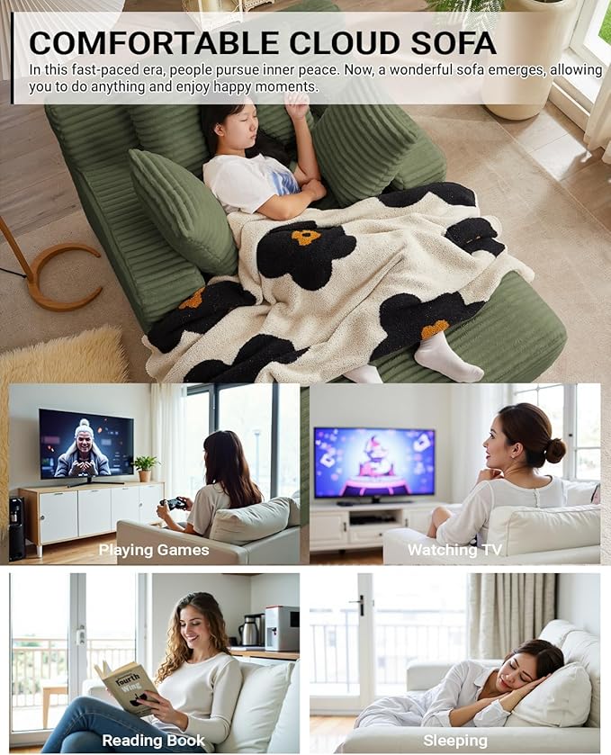 67 Inch Chaise Lounge Chair Indoor, Oversized Corduroy Upholstered Boneless Sofa Bed, Deep Seat Sleeper Couch Reading Chairs, Cloud Sofas Couches for Living Room, No Assembly Required (Olive Green)