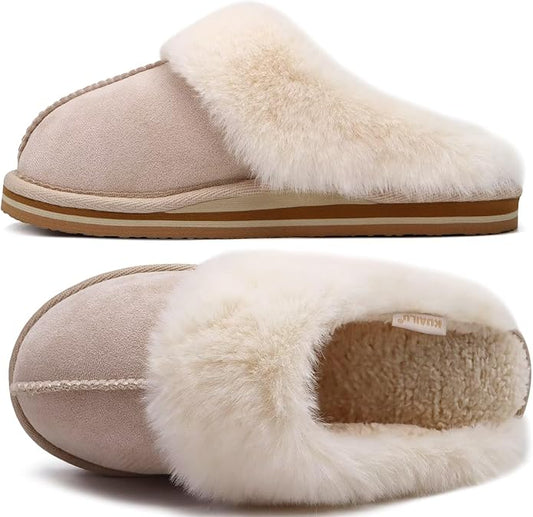 KuaiLu Womens Fluff Dual Memory Foam Slippers Ladies Cozy Arch Support Warm Scuff Slippers Slip on Comfy Winter House Shoes with Non-Slip Indoor Outdoor Hard Sole