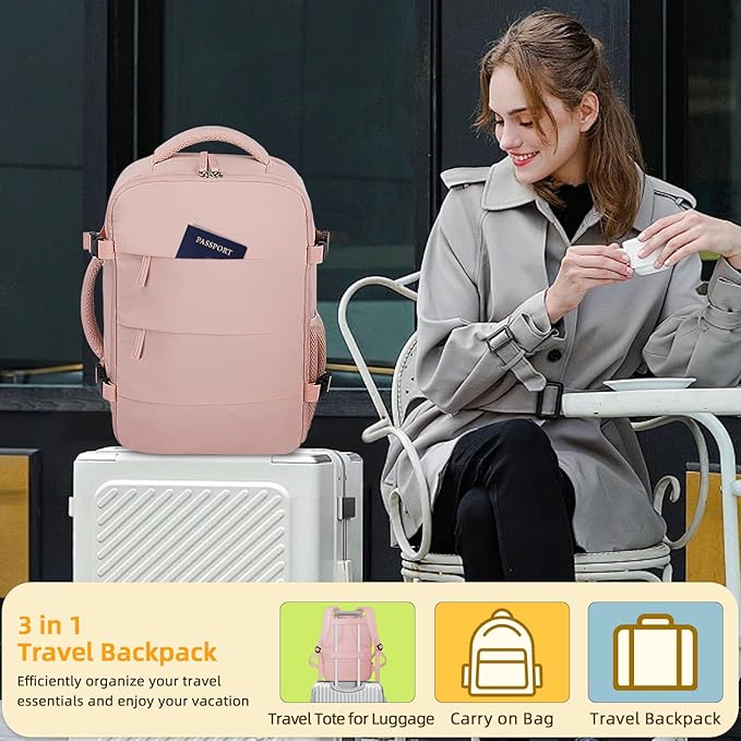 Travel Backpack For Women Men Airline Approved Carry On Backpack, Waterproof Outdoor Sports Rucksack Weekender Overnight College Business Backpack Fits 17 Inch Laptop - Pink