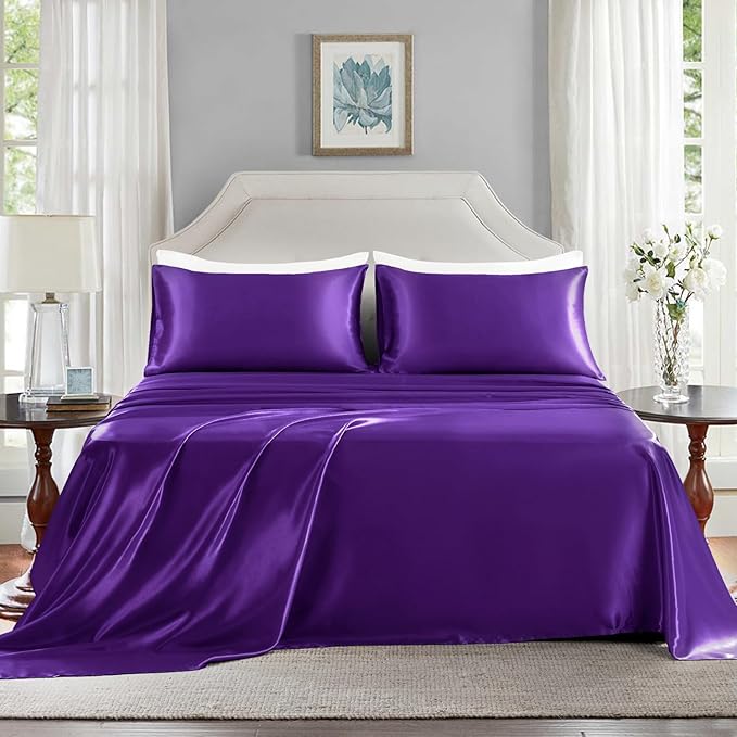 Satin Sheets King Size - 4 Pieces Luxury Silky Soft Bed Sheets, Wrinkle-Free Dark Purple Satin Silk Sheet Set with 1 Deep Pocket Fitted Sheet, 1 Flat Sheet, 2 Pillow Cases