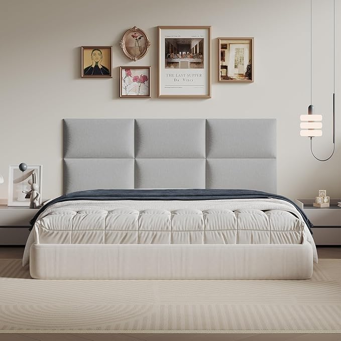 Airy Light Gray Linen Fabric Headboard 24x12 Inch 12-Panel Set - Wall-Mounted or Freestanding for Queen/King Beds, Breathable and Lightweight Design