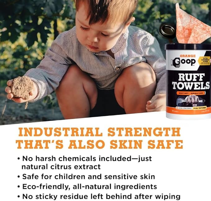 GOOP Orange Heavy Duty Ruff Towels with Scrubbing Power, 10” x 12” Dual Textured Multi-Purpose Cleaning Wipes, Removes Dirt, Grease, Oil, 72 Count