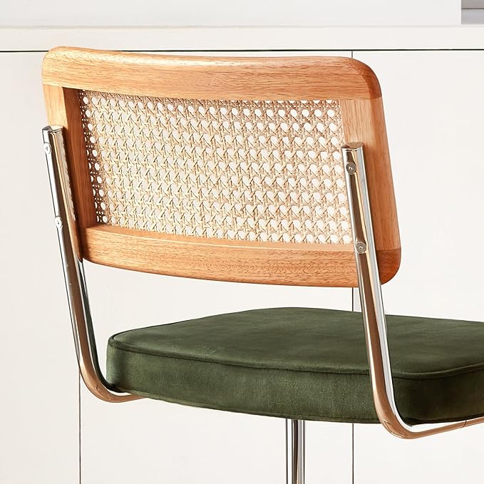 Natural Rattan Bar Stools Set of 2 with Solid Wood Back, 29 Inch Mid Century Modern Counter Height Stools, Green Upholstery Boho Stool for Kitchen Counter with Chrome Metal Legs