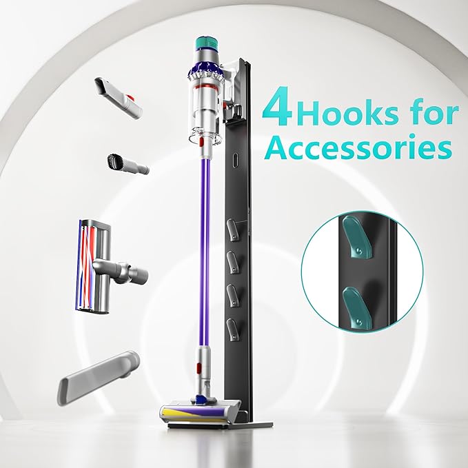 Vacuum Cleaner Stand, Compatible with Cordless Vacuums Dyson Gen5 V15 V12 V11 V10 V9 V8 V7 V6, Floor Vacuum Accessory Holder with 4 Hooks, Metal Storage Bracket Organizer, Black