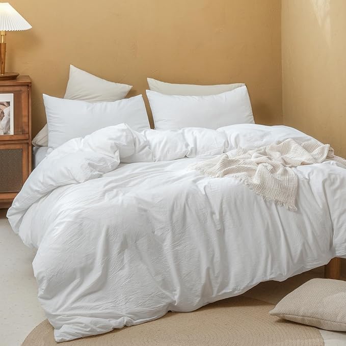 FOSSA Duvet Cover Set 100% Washed Cotton Linen Feel Super Soft Breathable Cozy 3 Pieces Bedding Sets Solid Bright White Queen