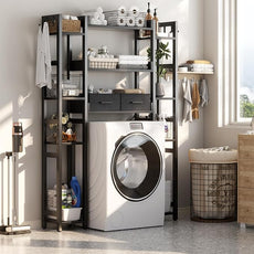 Over The Toilet Storage with 2 Drawers - 11 Tier Bathroom Organizer Freestanding Space Saver Storage Rack with Adjustable Shelf Above Toilet Stand with 4 Hooks for Restroom, Laundry, Grey Oak