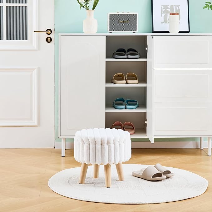 Wimarsbon Storage Ottoman,Soft Faux Fur Footstool with Padded Seat, Small Reading Vanity Chair, Footrest with Wood Tray for Couch, Mini Coffee Table or Display Stand (Cream, Round Storage)