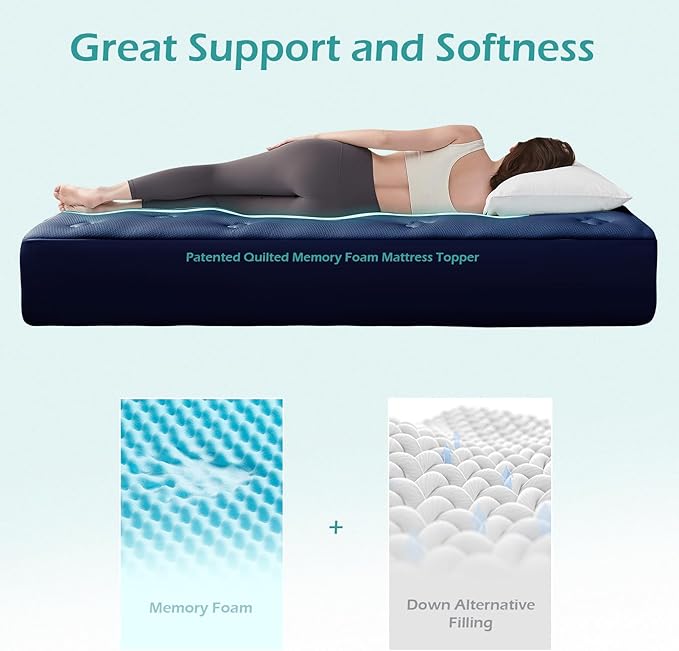 Hansleep Full Size Mattress Topper Viscose Derived from Bamboo, Memory Foam Pillow Top Mattress Topper Full with Deep Pocket, Breathable Mattress Pad for Back Pain Relief, 54" x75", Navy Blue