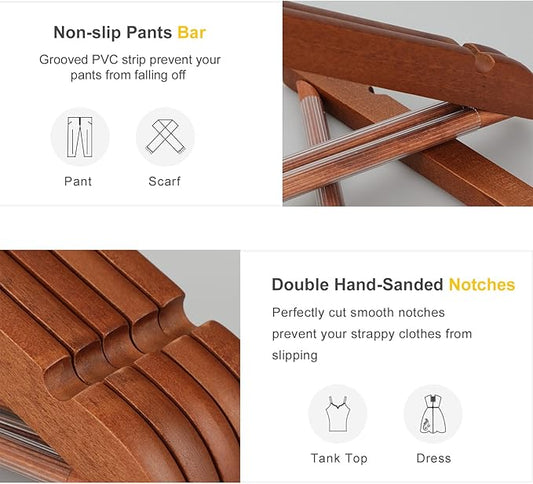 TOPIA HANGER Wooden Hangers 30 Pack, Wood Clothes Hangers, Durable Coat Hanger with 360-Degree Rotatable Hook, Non-Slip Pants Bar and Shoulder Notches for Camisole Tops (Walnut) - CT34WA30