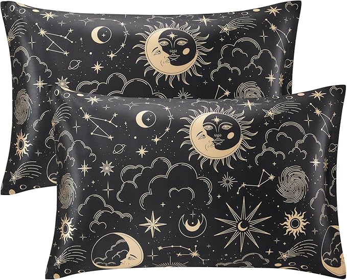 EXQ Home Satin Pillowcase for Hair and Skin Queen - Black Printed Silk Pillow Cases 2 Pack 20x30 inches - Satin Pillow Cases Set of 2 with Envelope Closure, Gifts for Women Men