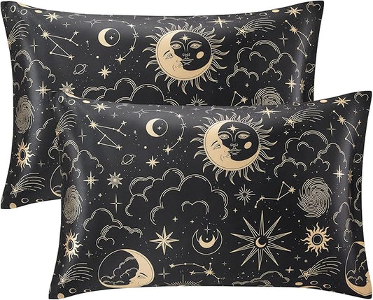 EXQ Home Satin Pillowcase for Hair and Skin King - Black Printed Silk Pillowcase 2 Pack 20x40 inches - Satin Pillow Cases Set of 2 with Envelope Closure, Gifts for Women Men