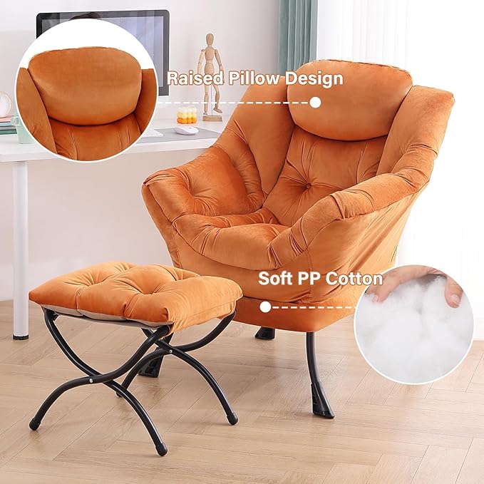 Tiita Lazy Chair with Ottoman, Modern Large Accent Lounge Armchair, Comfy Leisure Sofa Reading Chair with Footrest for Bedroom, Living Room, Dorm Rooms, Garden and Courtyard, Velvet Orange