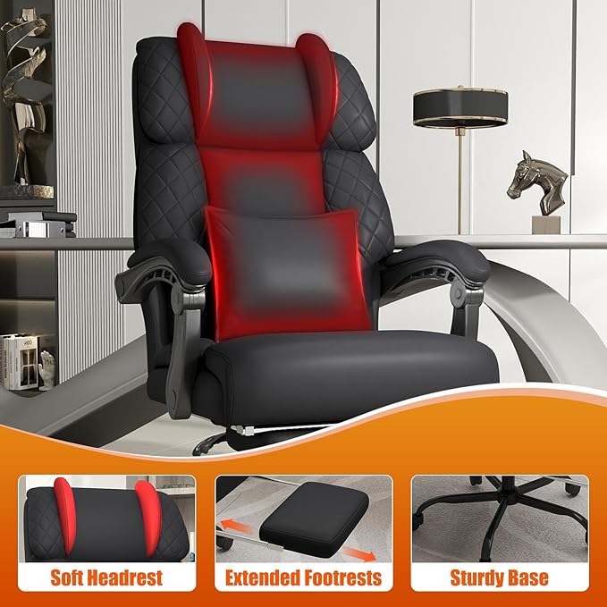 Ergonomic Office Chair with Footrest, 400lbs High Back Executive Home Office Computer Chair with Unique Ear-Shape Headrest for Neck Support,Black Leather Office Chairs for Home Office Work